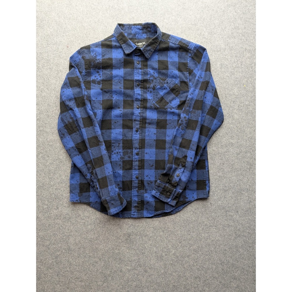Carbon Men's Blue Black Plaid Distressed Paint Splatter Flannel Shirt Medium M